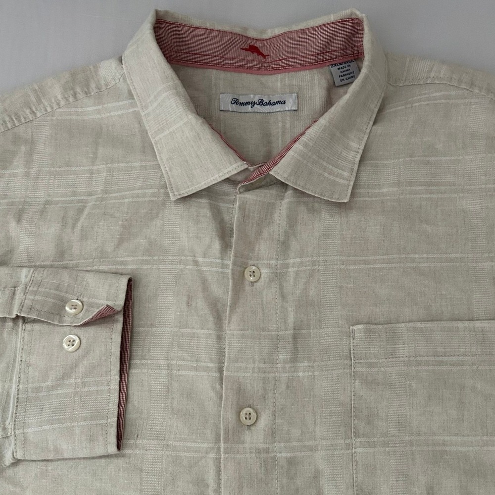 Tommy Bahama Button Up Shirt Mens 2XL Big Beige Linen Blend Long Sleeve Plaid